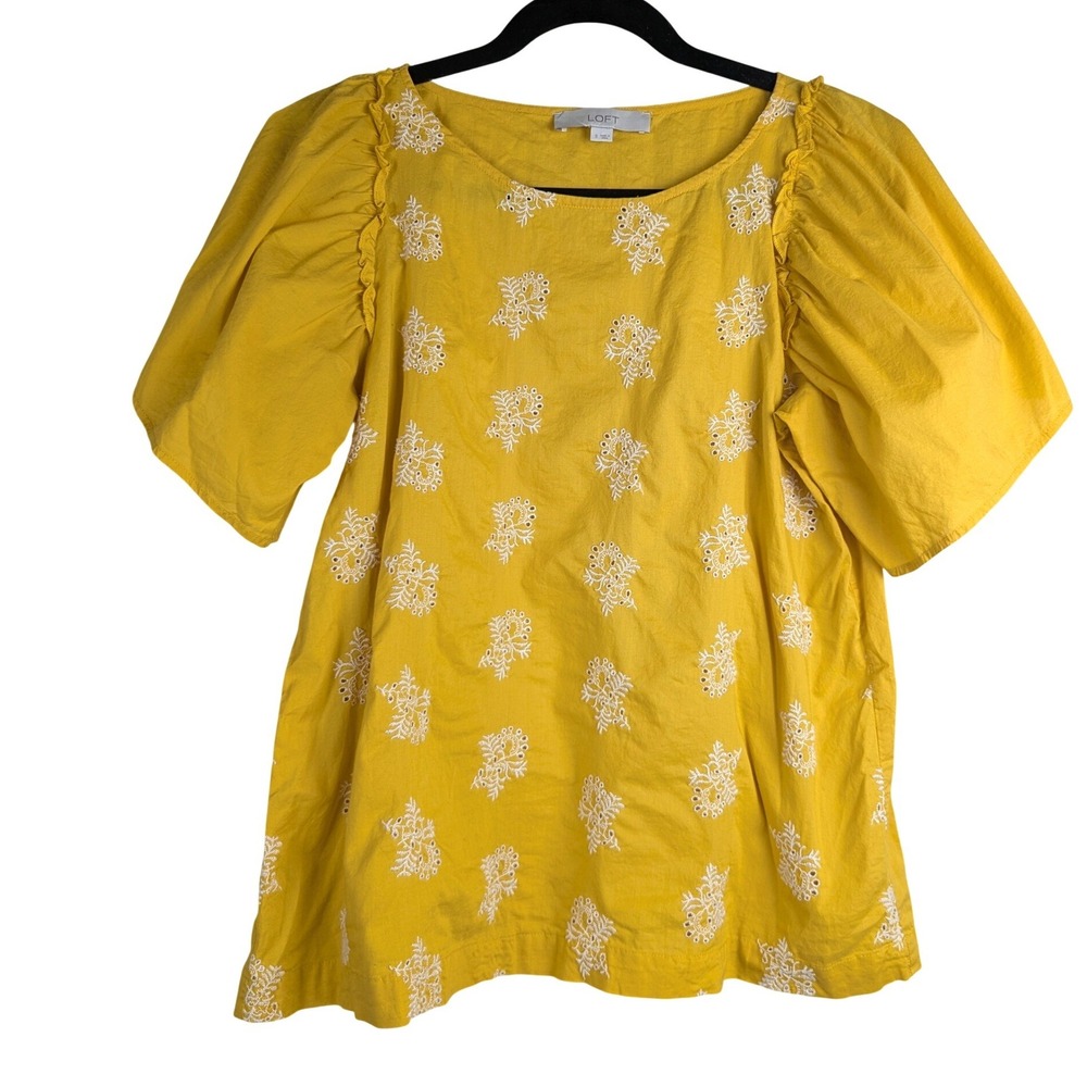 S 36" Bust LOFT Mustard Yellow Eyelet Floral Embroider Ruffle Cotton Blouse Top